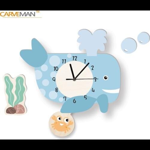 Creative Wall Clock for Boy Room Decotive Kindergarten Cute Cartoon Whale Mute Pendulum Clocks Anime Animals Gift Accessories