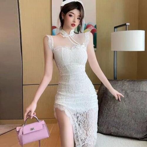 Lace Summer Perspective Bodycon Dress Sleeveless New Female Clothing Vintage Style Sexy Club White Cheongsam Dresses Woman