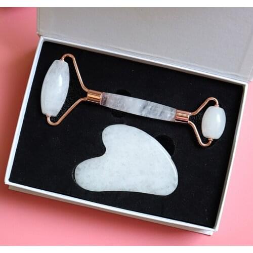 Quartz Face Massager Natural Rock Crystal Massage Roller GuaSha Stone Set Wrinkle Tapes Skin Care Tool Body Neck Beauty Product