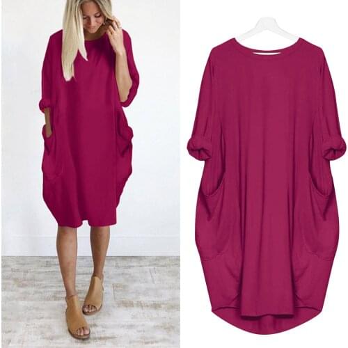 Summer Dress 2021 Womens Pocket Loose Dress Ladies Round Neck Casual Knee-length Dress Сарафаны Женские Летние