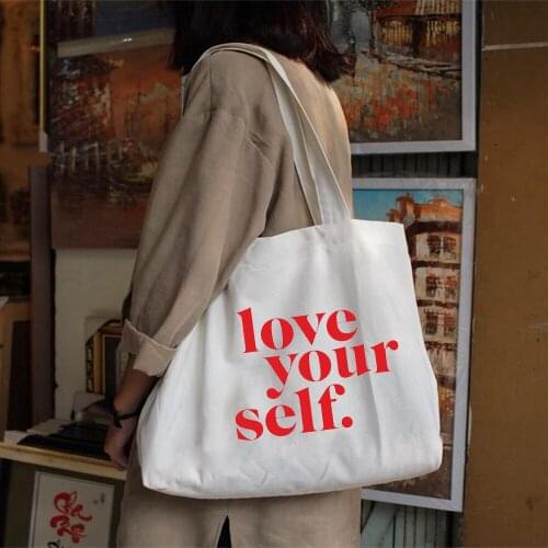 Love Your Self Printing Harajuku Shoulder Bags Canvas Shopping Pouch Funny Tote Bag Reusable Eco Travel Portable Shopper Handbag