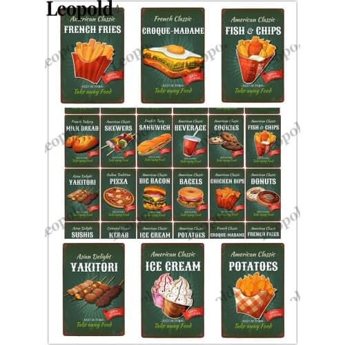 Vintage Food Metal Poster Burger Tin Plate Fries Brand Skewers Green Background Metal Brand Restaurant Kitchen Home Decoration