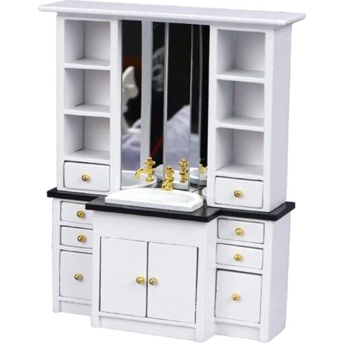 Miniature Cupboard Wooden Craft Wash Basin Sink Cabinet Organizer Bathroom Furniture Toy 1:12 Doll house Decor White