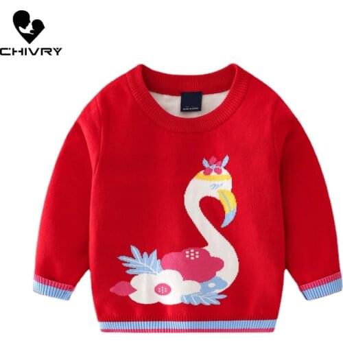 New 2021 Baby Girls Pullover Knitted Sweater Autumn Winter Kids Girls Cartoon Swan Jacquard O-neck Jumper Sweaters Tops Clothing