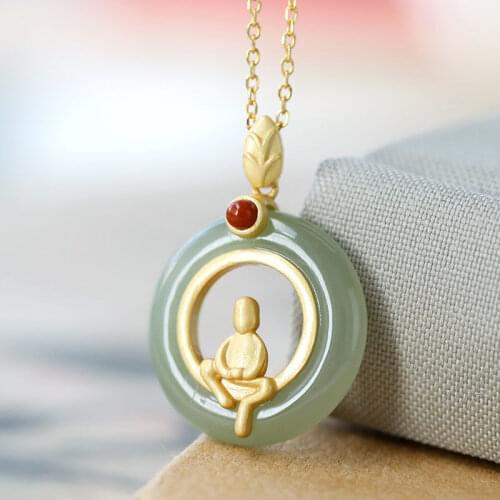 Original Design Hetian Jade Pendant Necklace S925 Sterling Silver Golden Zen Peace Buckle Jade Pendant Set Chain Pendant