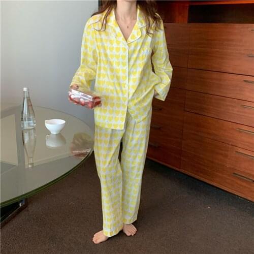 100% cotton spring autumn homwear 2 piece set long sleeve pajamas women cotton trousers sleepwear heart print loungewear Y895