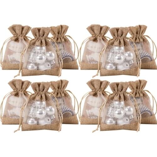 4X5.5 Inch 20 Pcs Burlap Drawstring Gift Bag - Burlap with One Side Organza Wedding Party Welcome Favor Bags - Tan