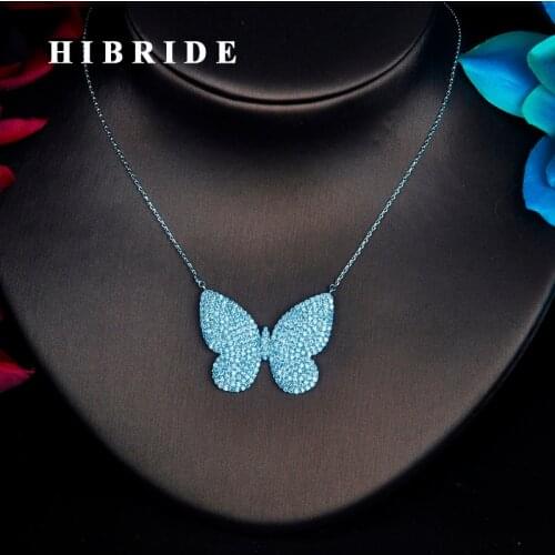 HIBRIDE Luxury Cubic Zircon Butterfly Necklace Women Girl Pendant Necklace Sweater Chain Dress Accessories Jewelry Gifts N-390