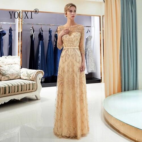 Luxury Evening Dresses 2021 Dubai Beaded Beading Crystal A-Line Formal Prom Gown with 3/4 Sleeves robe de soiree