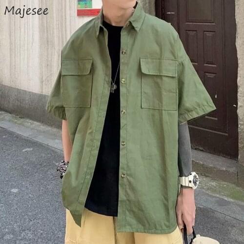 Cargo Short Sleeve Shirts Men Causal Solid Harajuku Vintage Simple All-match Basic Tops Male Military Tactical Multi Pockets New