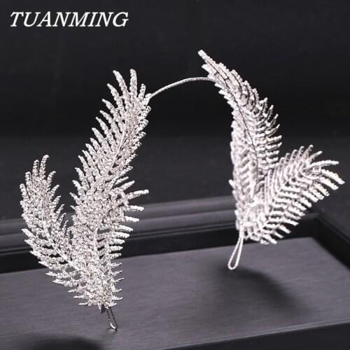 Silver Color Feather Tiara Hairbands Bride Headdress Rhinestone Feather Tiaras Headbands Wedding Hair Band Accessories