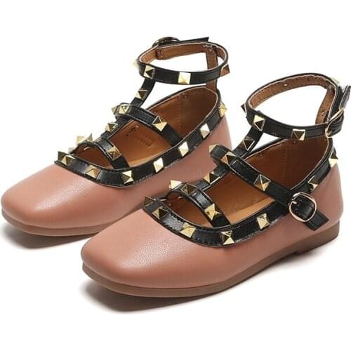 Childrens Leather Shoes Rivets Kids Square Mouth Roman Pu Shoes For Girl Toddler Princess Soft Bottom Shoes
