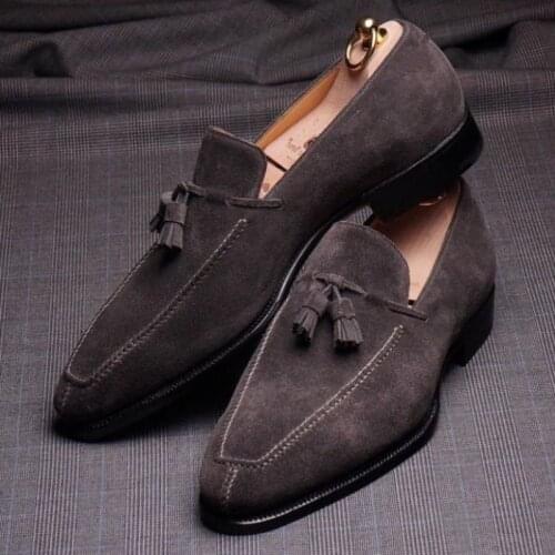 Tassel Decoration Fashion Brown Faux Suede Pointed Sewn Men Business Formal Shoes Comfortable Le Fu Shoes British Style AQ261