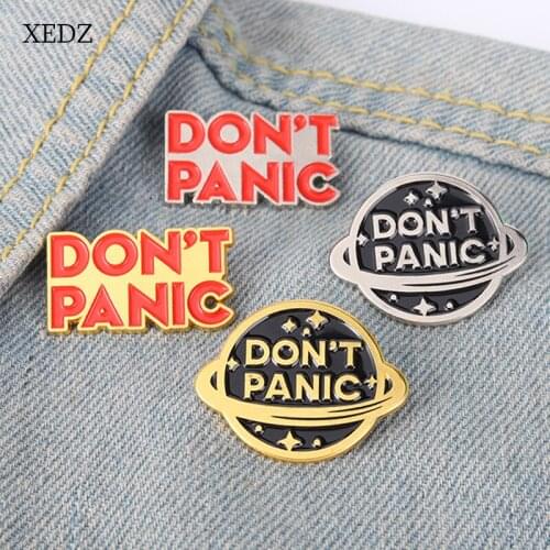 XEDZ 2021 New Cartoon Universe Planet Don't Panic Text Enamel Pendant Carved Text Space Badge Jewelry Gift