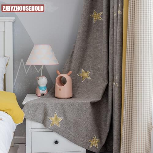 Warm Nordic Khaki Star Applique Embroidery Childrens Room Boy Bedroom Imitation Cotton and Linen Embroidery Stitching Curtain