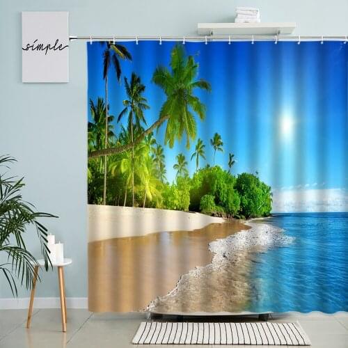 Ocean Scenery Shower Curtain Beach Pier Green Plant Palm Tree Foliage Window View Bathroom Wall Decor With Hook Screen Washable