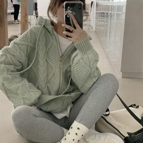 2021 Autumn Thick Twist Coat Solid Jumpers Puff Long Sleeve Hooded Cardigan Zipper Knitted Sweaters Pull Femme Fresh Preppy