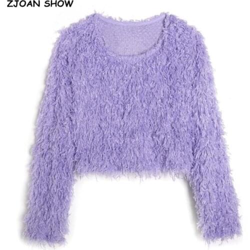 2021 Spring Long Hairy Shaggy Tassel Knitted Pullovers Sweater Round Collar Short Cropped Jumper Women New Fashion Tide