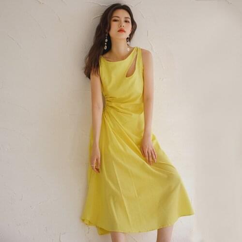 Summer Irregular Yellow Vintage Dress Womens Waist Hollow Casual Tank Dress Fashion Female Robe 2021 Vestidos