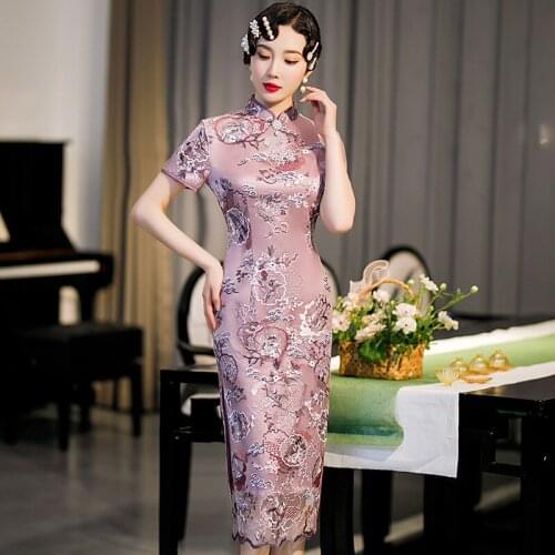 Slim Sexy Print Flower Chinese Qipao Pink Large Size Elegant Cheongsam Satin Wedding Beads Dress Gown Embroidery Floral Vestidos