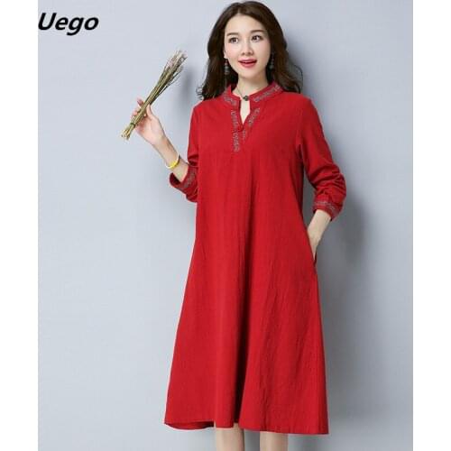 2021 New Arrival Long Sleeve Autumn Dress Cotton Linen Loose Embroidery Vintage Chinese Style Women Dress Casual Spring Dress