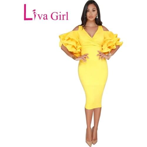 Liva Girl New Sexy Cold Shoulder Bodycon Party Midi Dress Women V Neck Butterfly Sleeve Pencil Dresses Red Black Robes Vestidos