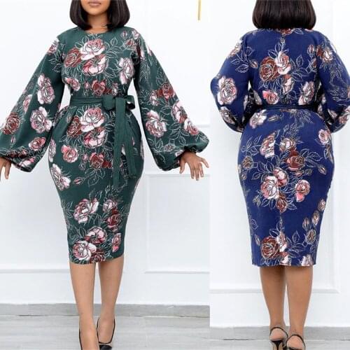 2021 Autumn New Hot Sale European And American Style Plus Size Bishop Sleeve Hip Wrap Flower Print Dress With Belt For Women