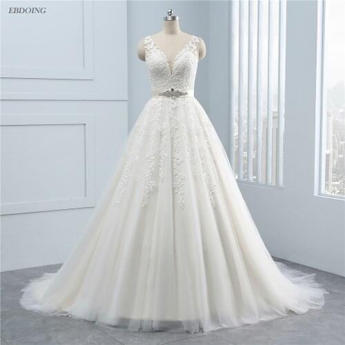 Amazing Real Photo Wedding Dress A-lin V-neck Sleeveless Court Train Plus Size Vestidos De Novia With Sashes Lace Appliques