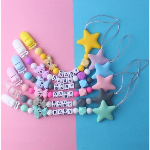 2020 Infant Safy Teething Chew Toys Baby Pacifier Clips New Fashion Silicone Letter Five-pointed Star Beads Pacifier Chain