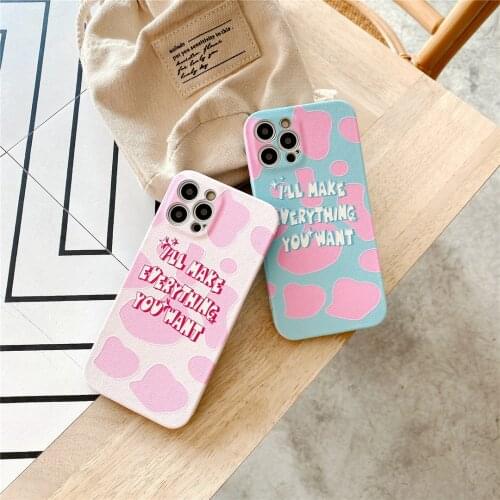 INS Fashion Pink Blue Cow Pattern Cute English Alphabet Phone Cases for iPhone 12 Mini 7 8 Plus X XR XS 11 Pro Max Cover