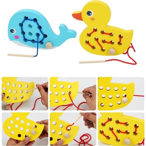 Montessori Wooden Intelligence Shoelace Game Thread Toy Skills