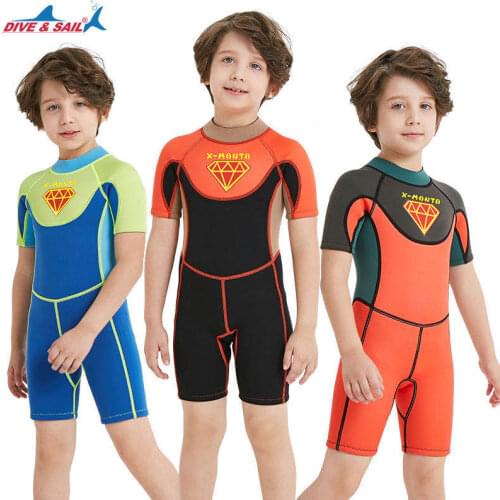 DIVE&SAIL New Kids Good 2.5MM short-sleeved wetsuit Swimwear boys warm one-piece childrens swimsuit sunscreen boy swimwear