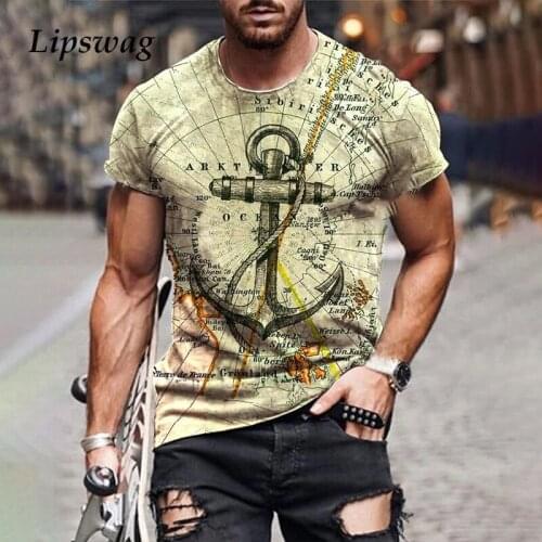 Retro Map Printing Mens Tee Shirts Summer Short Sleeve New Casual O-Neck T-Shirt Men Fashion Loose Tops Streetwear Male Clothing