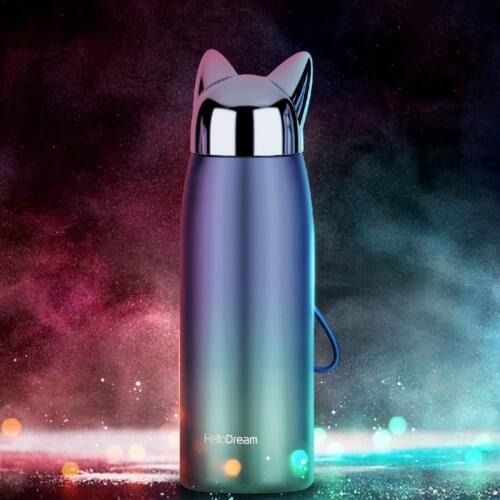 Girls cute Water Bottle Double Wall Thermos Stainless Steel Vacuum Flasks Cute Cat Fox Ear Thermal Coffee Tea Milk Travel Mug