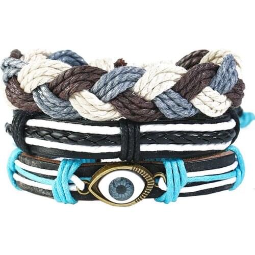 Fashion Vintage Retro Men Women Jewelry for Evil Eye Charm Wristbands Handmade Weave Leather Rope Cords Bracelet Set Bangle Gift