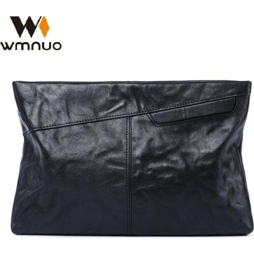 Wmnuo Mens Clutch Bags Cow Genuine Leather Vintage Big Soft Hand Bag For Male Long Wallets Envelope Bag Phone Pocket Black