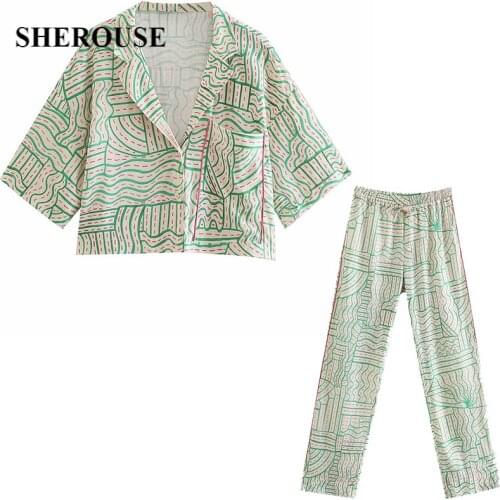 2021 New Two Pieces Set Women Printed Cropped Blouse Loose Trousers Suit Pajamas Fashion Casual Outfits Women Pants Sets