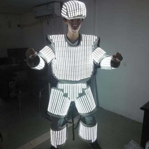 New White Color LED Luminous Light Up Flashing Robot Suit Costume With Helmet For Nightclubs Party Supply DJ Dance Clothes