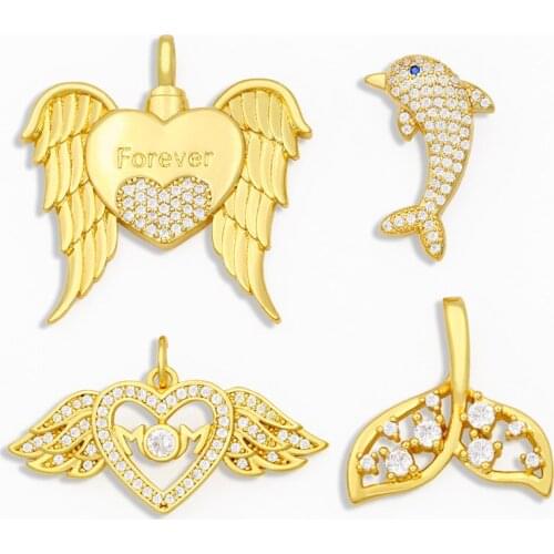 OCESRIO CZ Brass Forever Angel Wing Necklace Charms for Jewelry Making Wholesale Polished Heart Pendant Charms Bulk pdta238