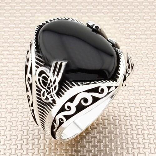 Ottoman Tugra Siver Ring Oval Black Onyx Silver Ring Men Silver Ring Made in Turkey Solid 925 Sterling Silver