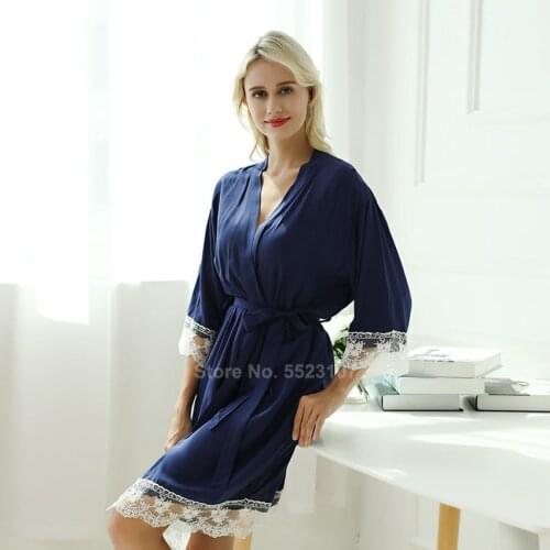Soft Cotton Sleepwear for Womens Sexy Lace Robe Lace Up Solid Color V-neck Loose Style Nightgown Kimono Yukata Bath Robe Gown