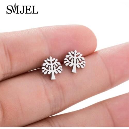 SMJEL Tree of Life Earings Fashion Jewelry Stainless Steel Round Leaf Stud Earrings for Women Jewelry Birthday Gift Brinco