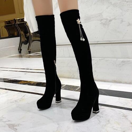 Sunflower Metal Chain Pearl Cute Ladies Winter Boots Super High Thick Heel Flock Large Size Over-The-Knee Boots With Fringe