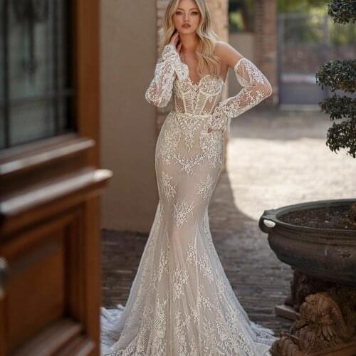 Sweetheart Illusion Mermaid Wedding Dress with Removable Long Sleeves Bridal Gowns Lace Appliques vestido de novia