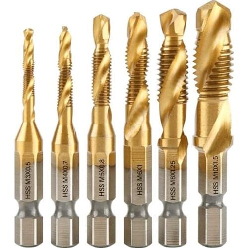 6pcs 1/4" Hex Shank HSS Drill Bits Metric Screw Thread Taper Set M3/M4/M5/M6M/8/M10 For Soft Metal Aluminum Plate Cutting