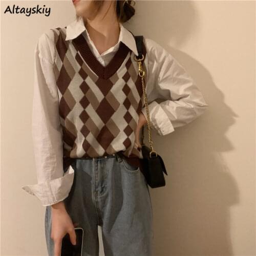 Sweater Vest Women Geometric Cozy Spring All-match 3 Colors Leisure Ulzzang Simple Hot Sale V-neck Fashion Female Daily Student