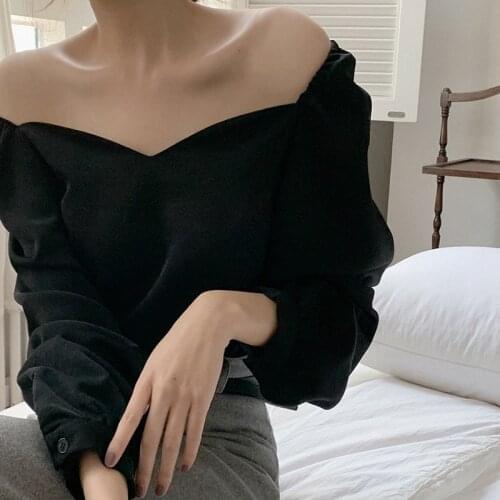 Vintage Sexy Blouse Women New Korean Style Petal Collar Long Sleeve Black Shirt Fashion Ladies Elegant Tops Blusas Mujer 13101
