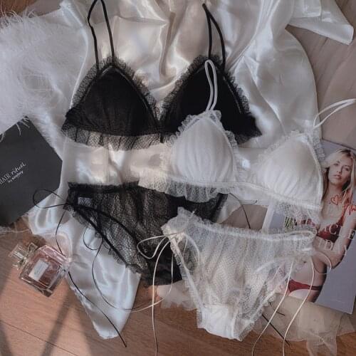 Womens Underwear Set Lace Bra and Panty Wire Free Thin Brallete White Black Sexy Transparent Lace Bra Set Kawaii Lingerie Teens