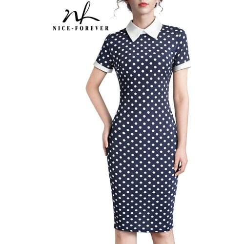 Nice-forever Vintage Retro Polka Dots Turn-down Collar Work vestidos Business Party Bodycon Women Office Dress B518