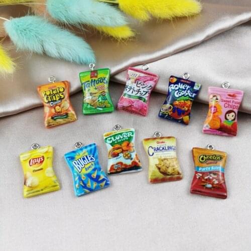 MuhNa 10Pcs/20Pcs Potato Chips Resin Charms For Jewelry Finding Delicious Girls Kids Snacks Pendant Earrings Keychain Accessory
